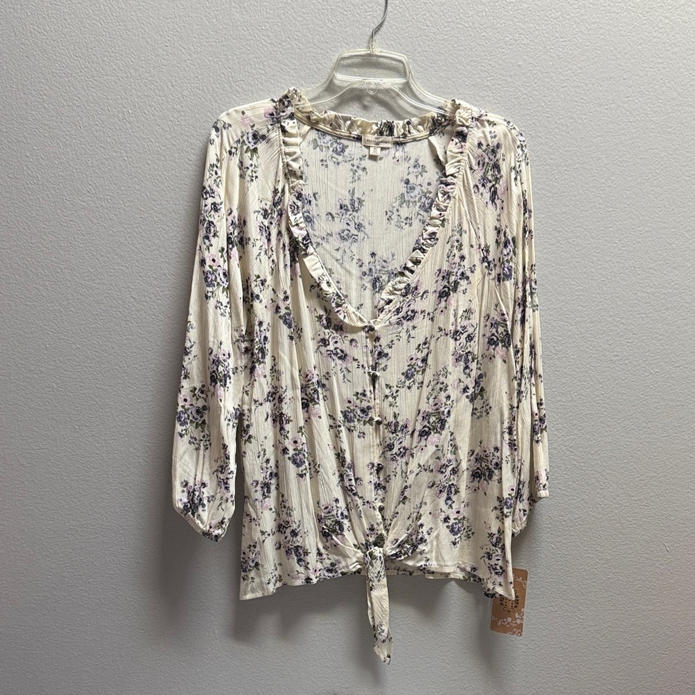 Elegant Cream Floral Tie-Front Blouse